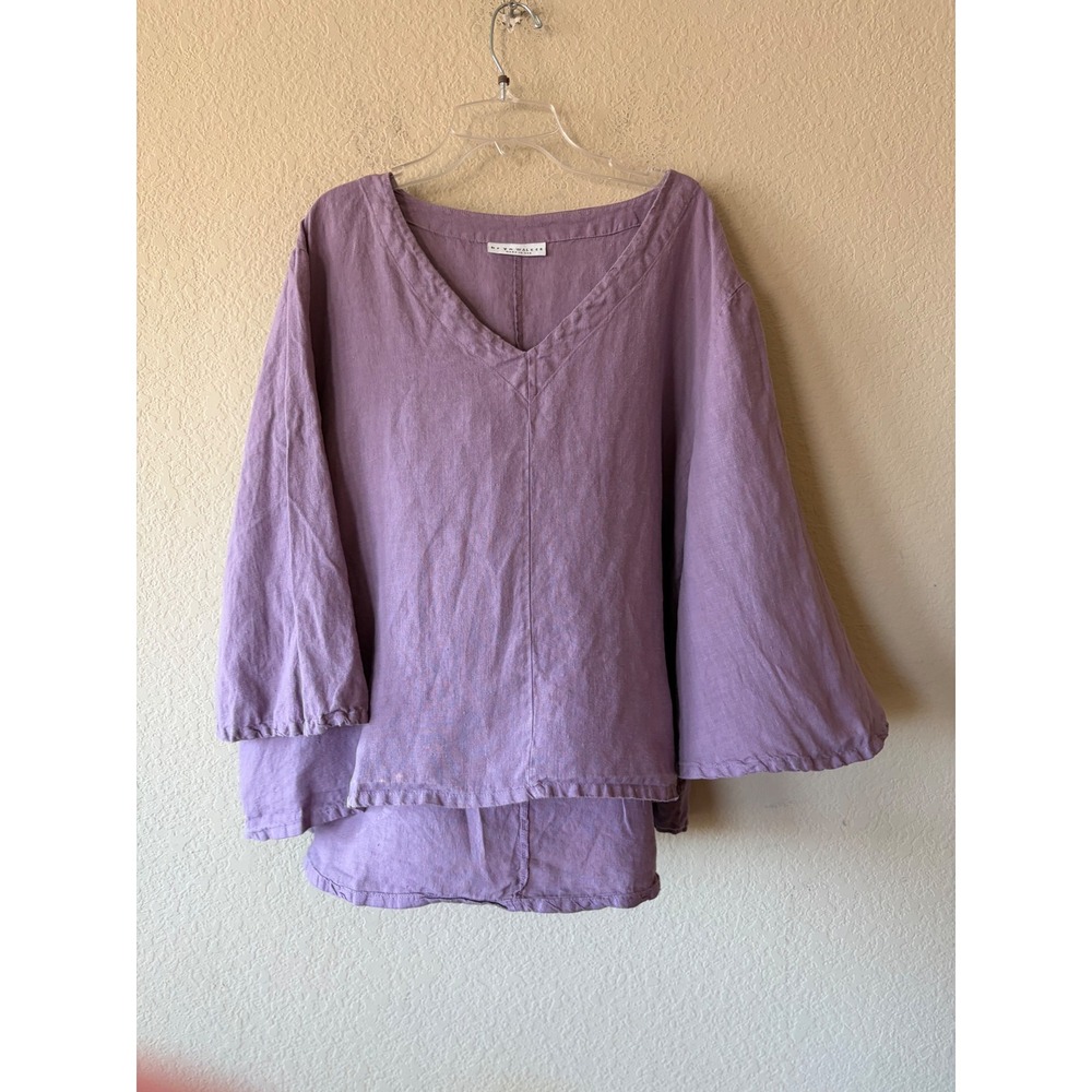 Bryn Walker XL Purple Linen V-Neck Tunic Bell Sleeve High Low Top Made in USA